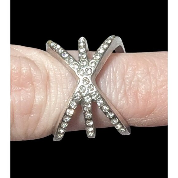 Elegant Glam Rhinestone Silver Tone Triple Crossover Ring Size 7 - Picture 2 of 12